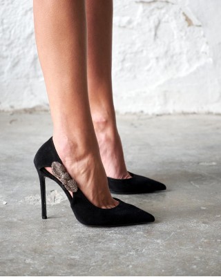 Black and purple suede high heels