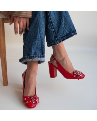 Women's Red Patent Leather Chunky Heel Slingbacks