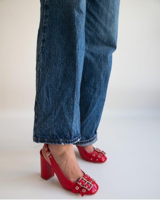 Women's Red Patent Leather Chunky Heel Slingbacks