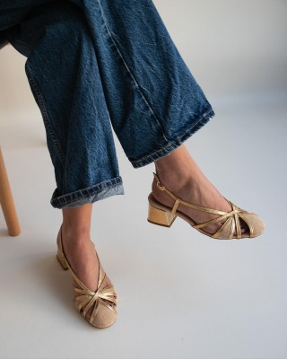 Women's gold low-heeled block heel sandals